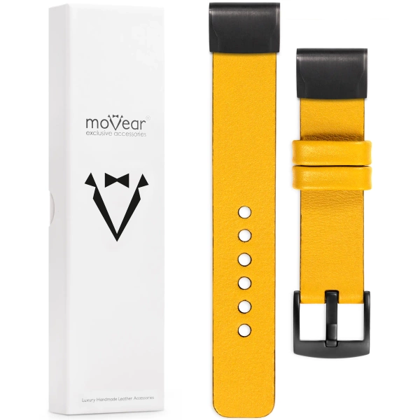 moVear Prestige S1 Skórzany pasek do Garmin QuickFit 20mm (Fenix / Instinct - 43/42/40mm) | Żółty [rozmiary XS-XXL i klamra do wyboru]