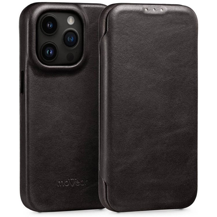 moVear flipSide 4S skórzane etui do Apple iPhone 14 Pro Max (6.7") | Skóra naturalna olejowana (Czarna)