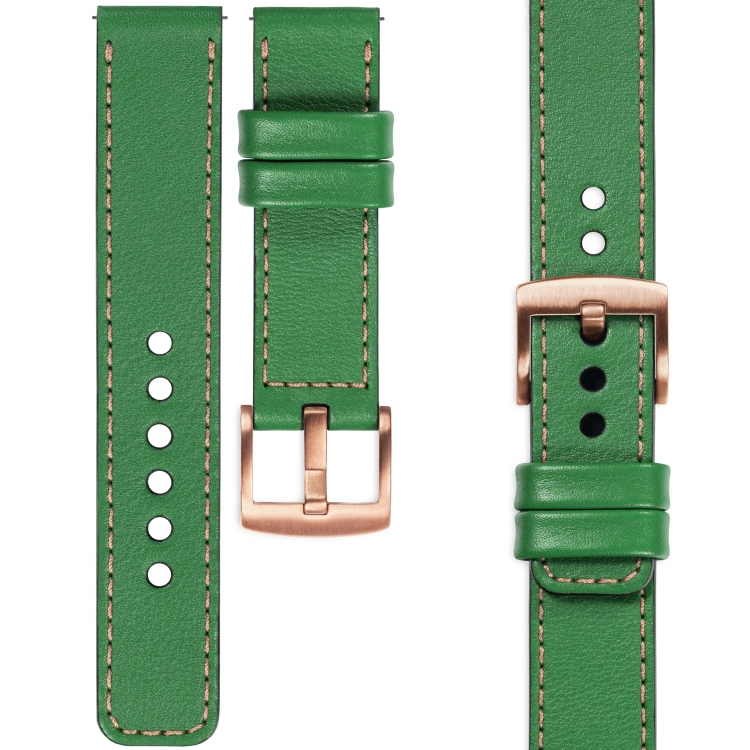 moVear Prestige C1 Skórzany pasek 22mm do zegarka | Zielony, różowe złoto przeszycie [rozmiary XS-XXL i klamra do wyboru]