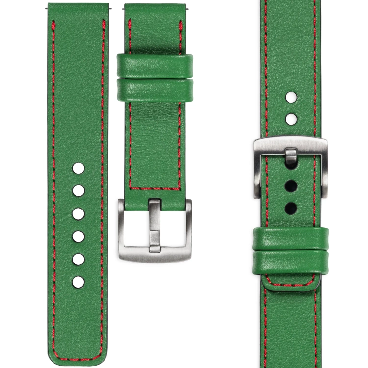 moVear Prestige C1 Skórzany pasek 20mm do zegarka | Zielony, czerwone przeszycie [rozmiary XS-XXL i klamra do wyboru]