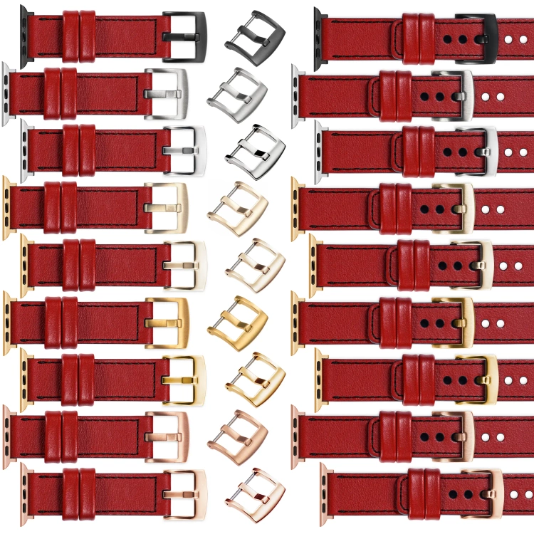 moVear Prestige C1 Skórzany pasek 20mm do Apple Watch 10 / 9 / 8 / 7 / 6 / 5 / 4 / SE (46/45/44mm) & Ultra (49mm) | Czerwony szkarłatny, czarne przeszycie [rozmiary XS-XXL i klamra do wyboru]