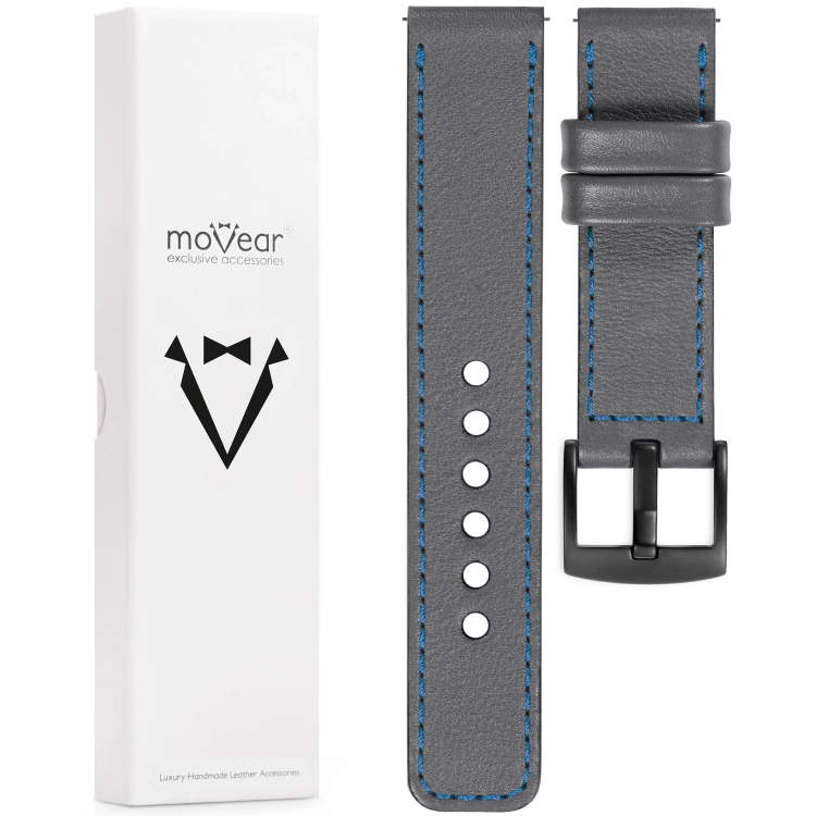 moVear Prestige C1 Skórzany pasek 20mm do zegarka | Szary, niebieskie przeszycie [rozmiary XS-XXL i klamra do wyboru]