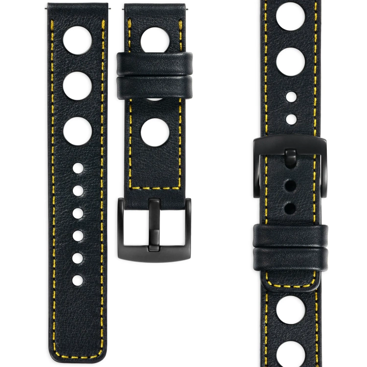 moVear Prestige R1 Skórzany pasek 22mm do zegarka | Czarny, żółte przeszycie [rozmiary XS-XXL i klamra do wyboru]