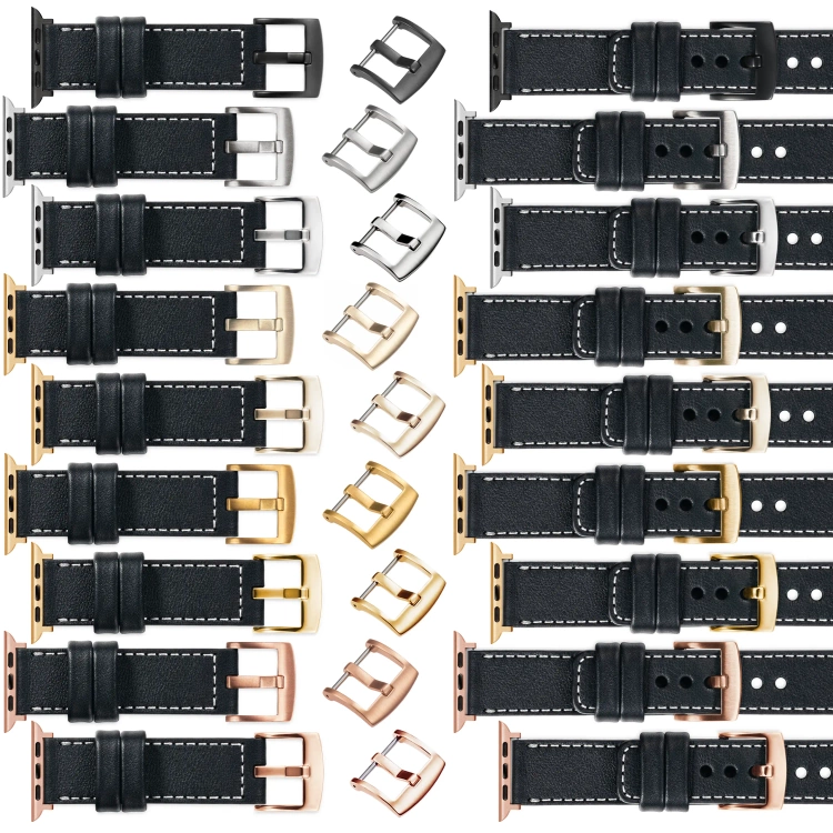 moVear Prestige C1 Skórzany pasek 24mm do Apple Watch 10 / 9 / 8 / 7 / 6 / 5 / 4 / SE (46/45/44mm) & Ultra (49mm) | Czarny, białe przeszycie [rozmiary XS-XXL i klamra do wyboru]