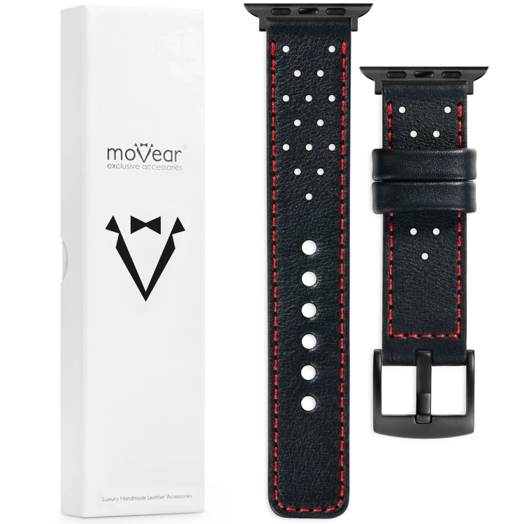 moVear Prestige R2 Skórzany pasek 22mm do Apple Watch 10 / 9 / 8 / 7 / 6 / 5 / 4 / SE (46/45/44mm) & Ultra (49mm) | Czarny, czerwone przeszycie [rozmiary XS-XXL i klamra do wyboru]