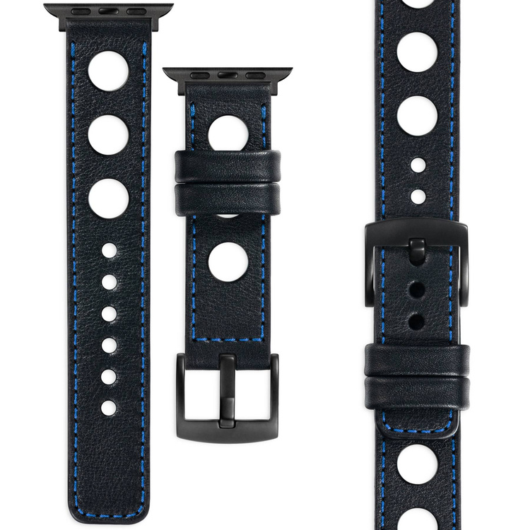 moVear Prestige R1 Skórzany pasek 20mm do Apple Watch 8 / 7 / 6 / 5 / 4 / SE (45/44mm) & Ultra (49mm) | Czarny, niebieskie przeszycie [rozmiar i klamra do wyboru]