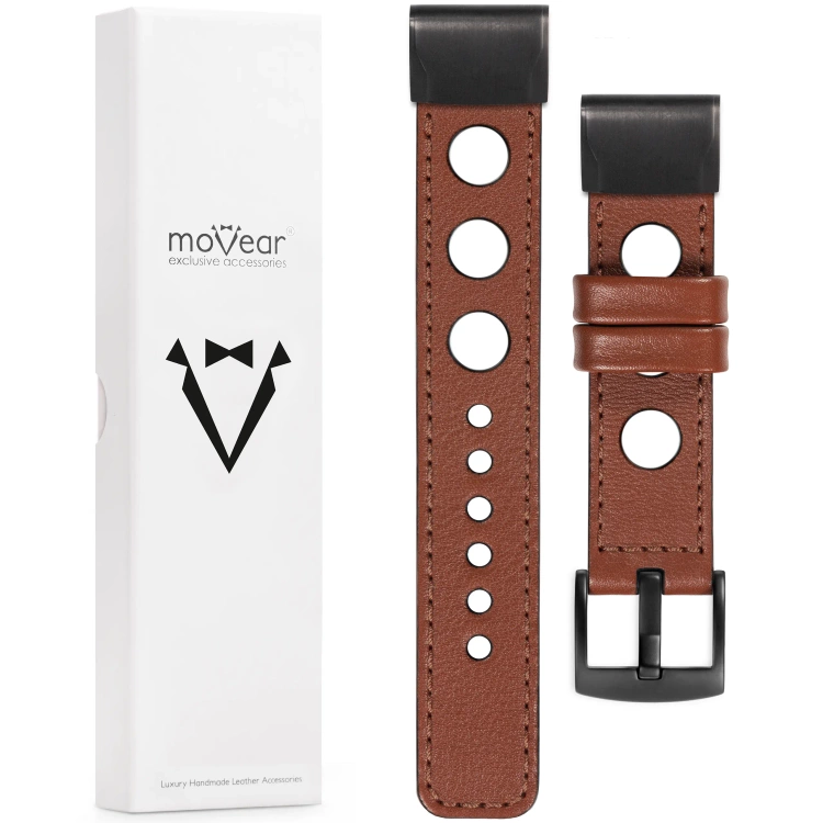 moVear Prestige R1 Skórzany pasek do Garmin QuickFit 22mm (Fenix / Forerunner / Epix / Instinct / Enduro / Quatix / MARQ - 47/45mm) | Brązowy, brązowe przeszycie [rozmiary XS-XXL i klamra do wyboru]