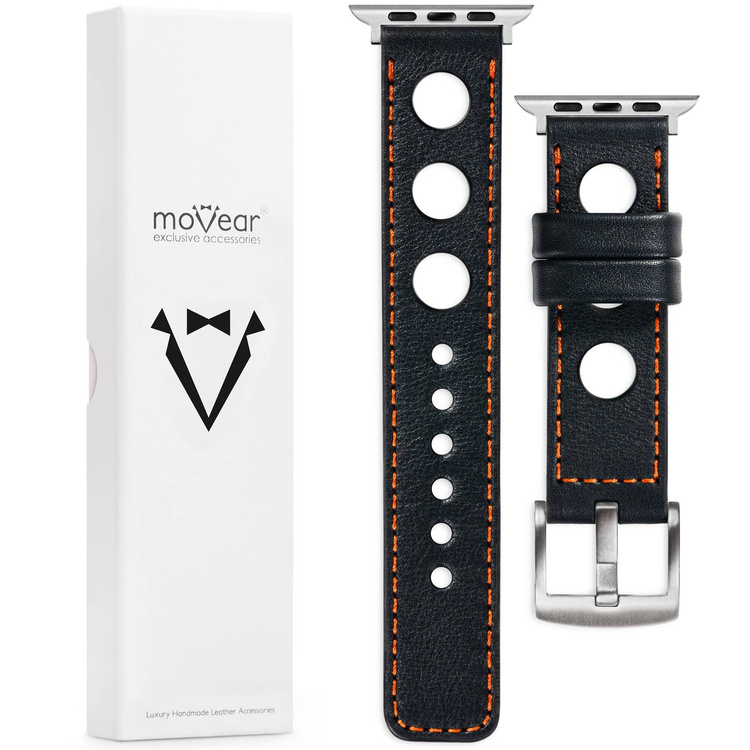 moVear Prestige R1 Skórzany pasek 20mm do Apple Watch 8 / 7 / 6 / 5 / 4 / SE (45/44mm) & Ultra (49mm) | Czarny, ciemnopomarańczowe przeszycie [rozmiar i klamra do wyboru]