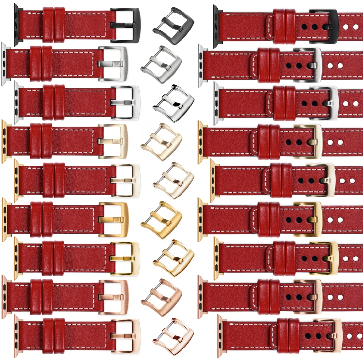 moVear Prestige C1 Skórzany pasek 20mm do Apple Watch 10 / 9 / 8 / 7 / 6 / 5 / 4 / SE (42/41/40mm) | Czerwony szkarłatny, białe przeszycie [rozmiary XS-XXL i klamra do wyboru]