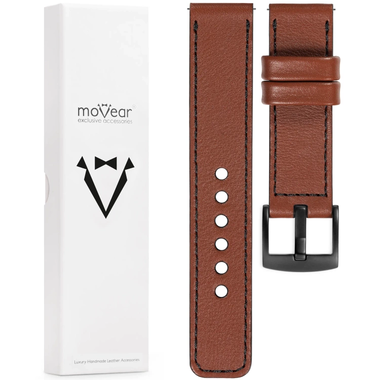 moVear Prestige C1 Skórzany pasek 20mm do zegarka | Brązowy, czarne przeszycie [rozmiary XS-XXL i klamra do wyboru]