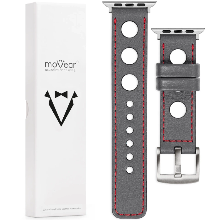 moVear Prestige R1 Skórzany pasek 22mm do Apple Watch 10 / 9 / 8 / 7 / 6 / 5 / 4 / SE (42/41/40mm) | Szary, czerwone przeszycie [rozmiary XS-XXL i klamra do wyboru]