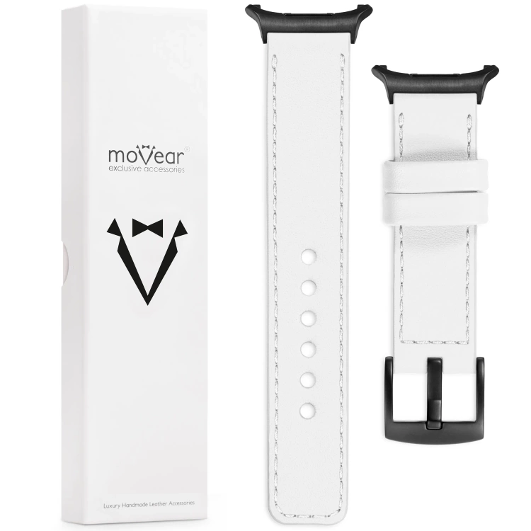 moVear Prestige C1 Skórzany pasek 24mm do Samsung Galaxy Watch Ultra | Biały, białe przeszycie [rozmiary XS-XXL i klamra do wyboru]