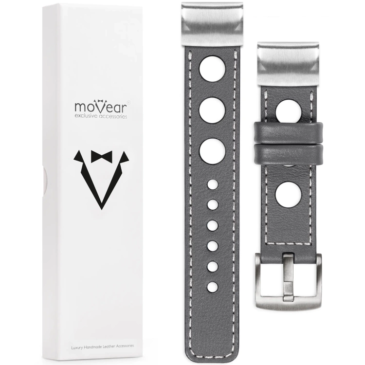 moVear Prestige R1 Skórzany pasek do Garmin QuickFit 22mm (Fenix / Forerunner / Epix / Instinct / Enduro / Quatix / MARQ - 47/45mm) | Szary, białe przeszycie [rozmiary XS-XXL i klamra do wyboru]