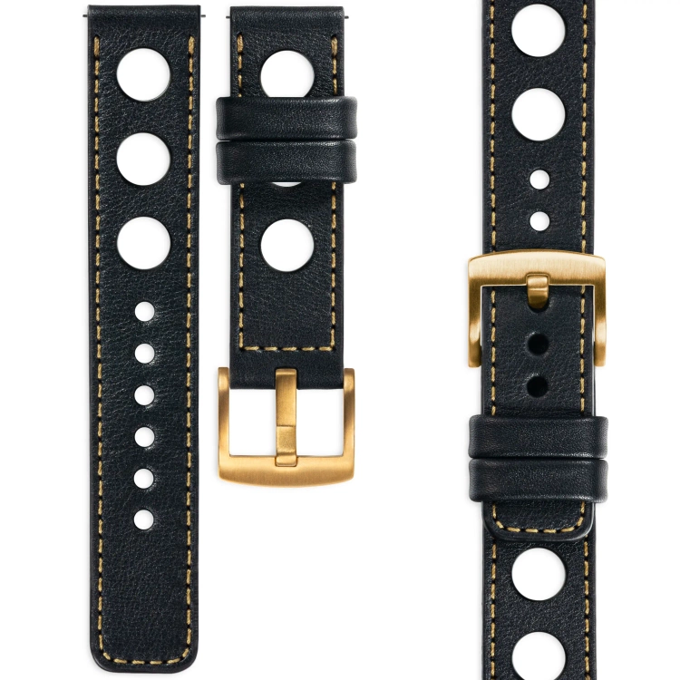moVear Prestige R1 Skórzany pasek 22mm do zegarka | Czarny, złote przeszycie [rozmiary XS-XXL i klamra do wyboru]