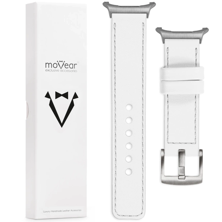 moVear Prestige C1 Skórzany pasek 24mm do Samsung Galaxy Watch Ultra | Biały, srebrne przeszycie [rozmiary XS-XXL i klamra do wyboru]