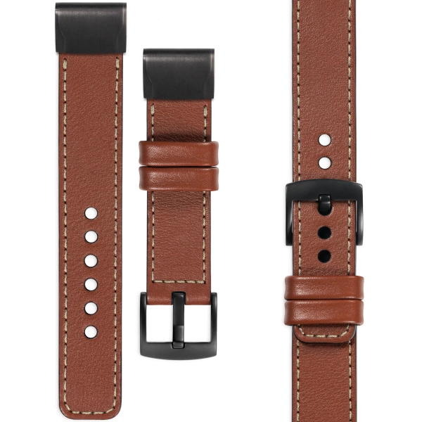 moVear Prestige C1 Skórzany pasek do Garmin QuickFit 26mm (Fenix / Epix / Quatix / Tactix / Enduro - 51mm) | Brązowy, kremowe przeszycie [rozmiary XS-XXL i klamra do wyboru]