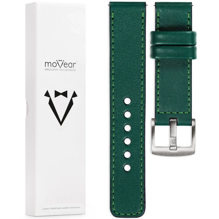 moVear Prestige C1 Skórzany pasek 22mm do zegarka | Zielony butelkowy, zielone przeszycie [rozmiary XS-XXL i klamra do wyboru]