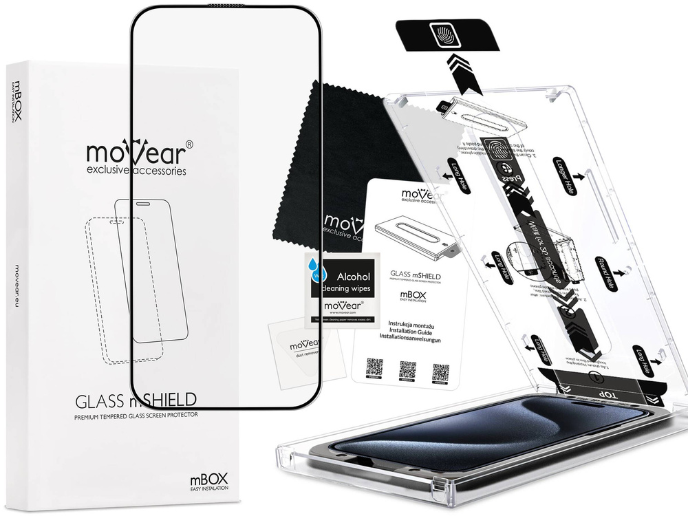moVear mBOX GLASS mSHIELD 2.5D MAX MATT do Apple iPhone 15 Pro Max (6.7") (Antyrefleksyjne, kompatybilne z etui, z Aplikatorem)