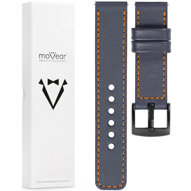 moVear Prestige C1 Skórzany pasek 20mm do zegarka | Szary stalowy, pomarańczowe przeszycie [rozmiary XS-XXL i klamra do wyboru]