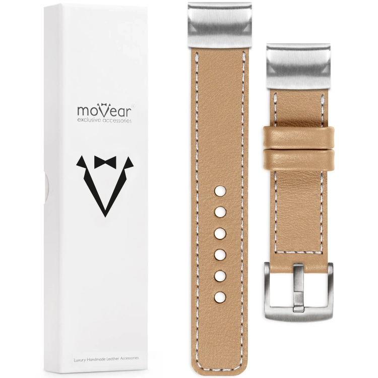 moVear Prestige C1 Skórzany pasek do Garmin QuickFit 20mm (Fenix / Instinct - 43/42/40mm) | Cappuccino, białe przeszycie [rozmiary XS-XXL i klamra do wyboru]