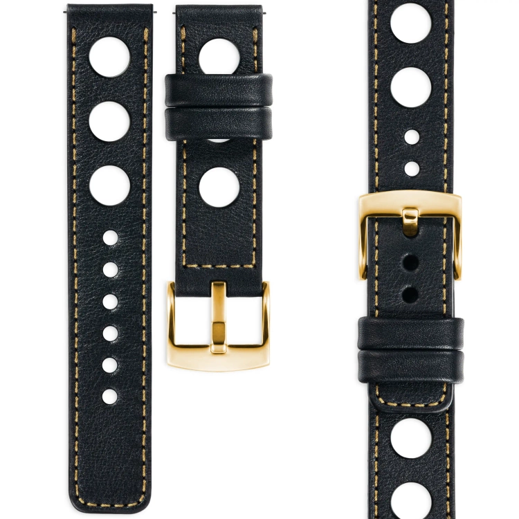 moVear Prestige R1 Skórzany pasek 20mm do zegarka | Czarny, złote przeszycie [rozmiary XS-XXL i klamra do wyboru]