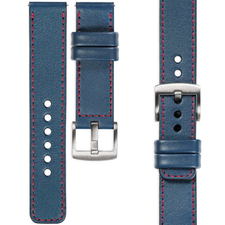 moVear Prestige C1 Skórzany pasek 20mm do zegarka | Niebieski jeans, czerwone przeszycie [rozmiary XS-XXL i klamra do wyboru]