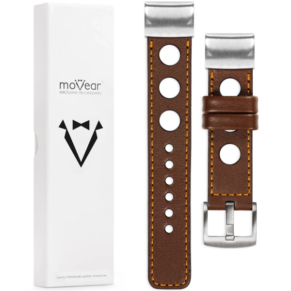 moVear Prestige R1 Skórzany pasek do Garmin QuickFit 22mm (Fenix / Forerunner / Epix / Instinct / Enduro / Quatix / MARQ - 47/45mm) | Ciemnobrązowy, pomarańczowe przeszycie [rozmiary XS-XXL i klamra do wyboru]