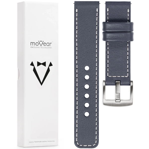 moVear Prestige C1 Skórzany pasek 22mm do Garmin Vivoactive 4, Venu 3/2 | Szary stalowy, białe przeszycie [rozmiary XS-XXL i klamra do wyboru]