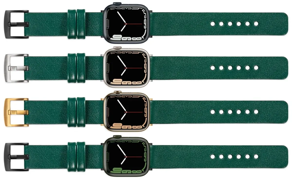 moVear Prestige S1 Skórzany pasek 22mm do Apple Watch 10 / 9 / 8 / 7 / 6 / 5 / 4 / SE (46/45/44mm) & Ultra (49mm) | Zielony butelkowy [adapter i klamra do wyboru]