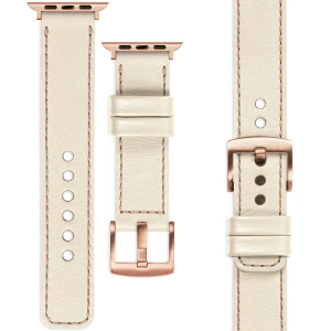 moVear Prestige C1 Skórzany pasek 22mm do Apple Watch 10 / 9 / 8 / 7 / 6 / 5 / 4 / SE (42/41/40mm) | Beżowy, różowe złoto przeszycie [rozmiary XS-XXL i klamra do wyboru]