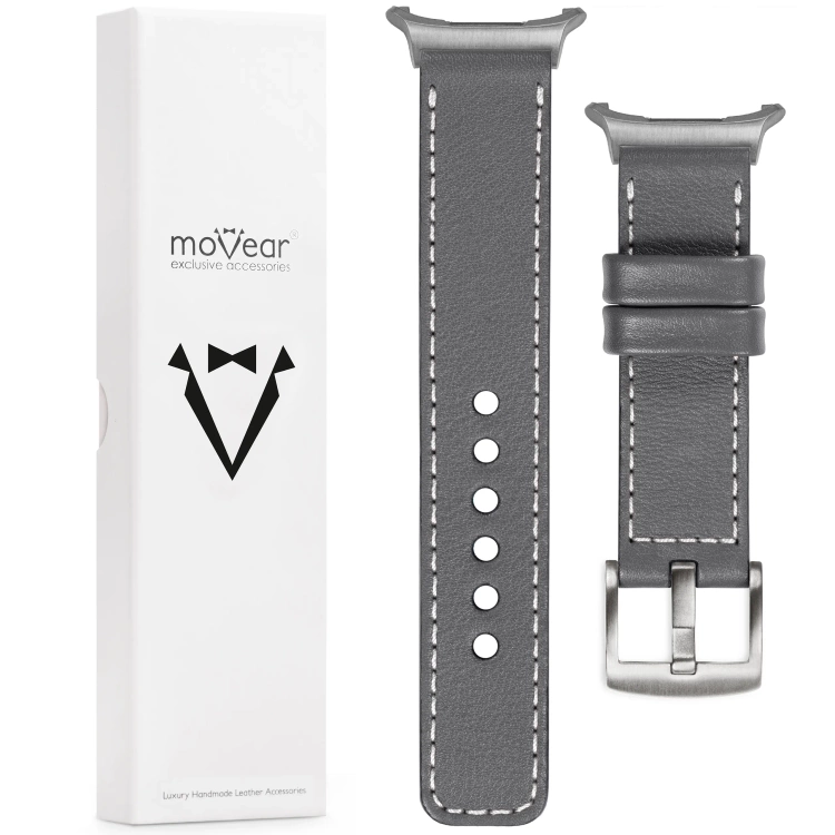 moVear Prestige C1 Skórzany pasek 24mm do Samsung Galaxy Watch Ultra | Szary, białe przeszycie [rozmiary XS-XXL i klamra do wyboru]