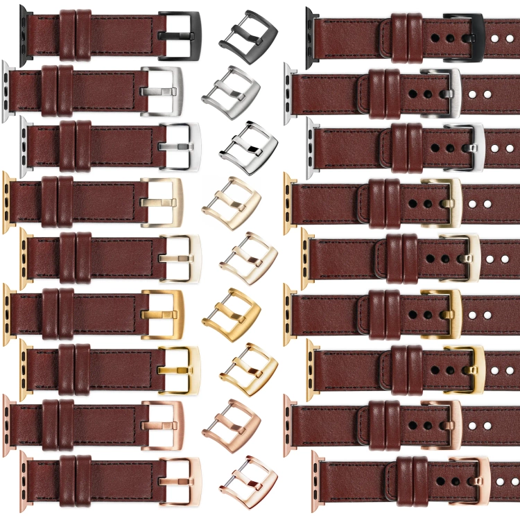 moVear Prestige C1 Skórzany pasek 22mm do Apple Watch 10 / 9 / 8 / 7 / 6 / 5 / 4 / SE (46/45/44mm) & Ultra (49mm) | Kasztanowy, czarne przeszycie [rozmiary XS-XXL i klamra do wyboru]