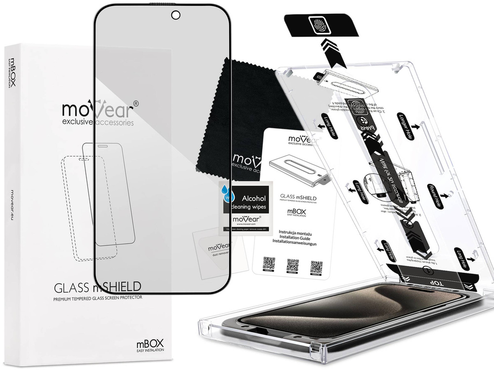 moVear mBOX GLASS mSHIELD 2.5D MAX privacy do Apple iPhone 15 Pro (6.1") (Anty spy, z Aplikatorem)