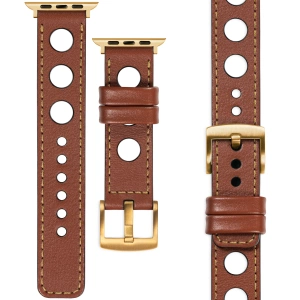 moVear Prestige R1 Skórzany pasek 22mm do Apple Watch 10 / 9 / 8 / 7 / 6 / 5 / 4 / SE (42/41/40mm) | Brązowy, złote przeszycie [rozmiary XS-XXL i klamra do wyboru]