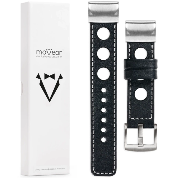 moVear Prestige R1 Skórzany pasek do Garmin QuickFit 22mm (Fenix / Forerunner / Epix / Instinct / Enduro / Quatix / MARQ - 47/45mm) | Czarny, białe przeszycie [rozmiary XS-XXL i klamra do wyboru]