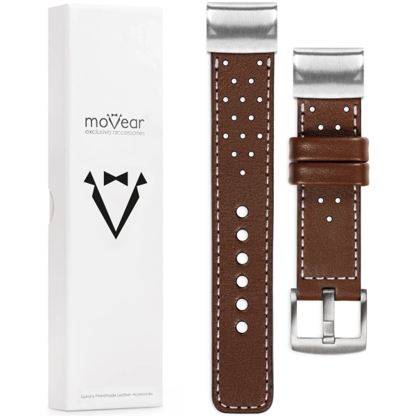moVear Prestige R2 Skórzany pasek do Garmin QuickFit 22mm (Fenix / Forerunner / Epix / Instinct / Enduro / Quatix / MARQ - 47/45mm) | Ciemnobrązowy, białe przeszycie [rozmiary XS-XXL i klamra do wyboru]