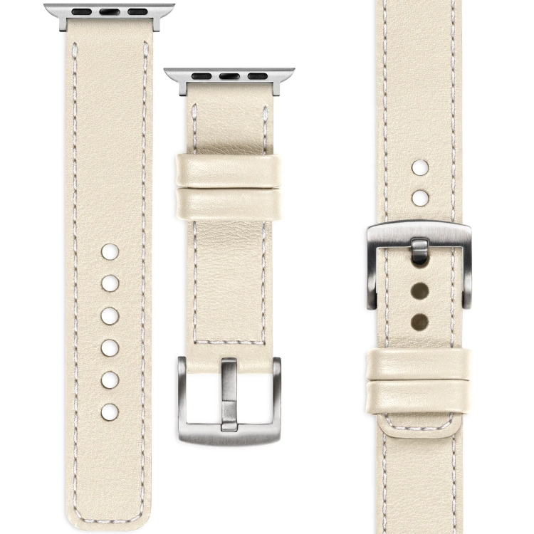 moVear Prestige C1 Skórzany pasek 22mm do Apple Watch 10 / 9 / 8 / 7 / 6 / 5 / 4 / SE (42/41/40mm) | Beżowy, białe przeszycie [rozmiary XS-XXL i klamra do wyboru]