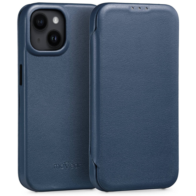 moVear flipSide 4S skórzane etui do Apple iPhone 14 (6,1") | Skóra naturalna gładka (Granatowa)