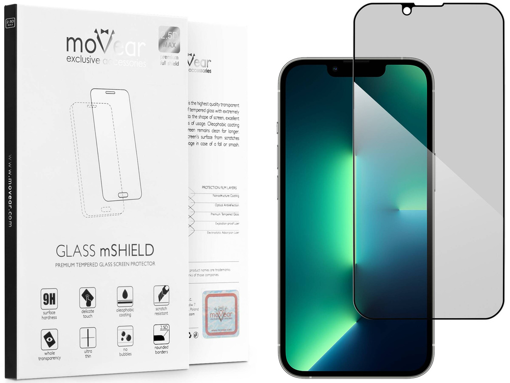 moVear GLASS mSHIELD 2.5D MAX privacy do Apple iPhone 16e / 14 / 13 / 13 Pro (6.1") (Prywatyzujące, kompatybilne z etui)
