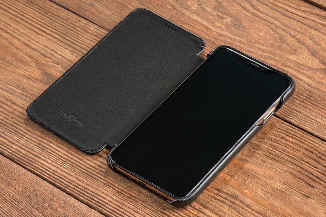 moVear flipSide S skórzane etui do Apple iPhone Xs MAX (6.5") | Skóra naturalna gładka (Czarna)