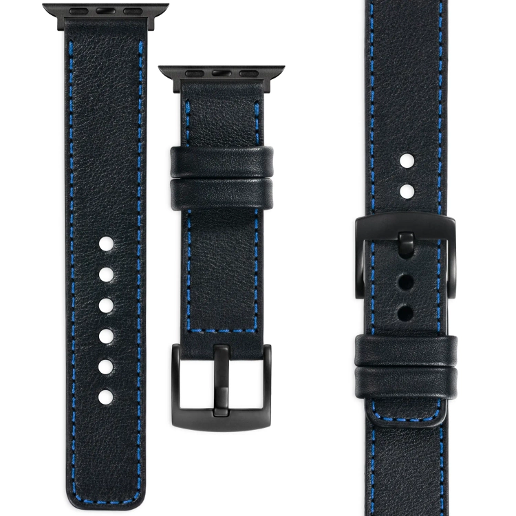 moVear Prestige C1 Skórzany pasek 22mm do Apple Watch 10 / 9 / 8 / 7 / 6 / 5 / 4 / SE (46/45/44mm) & Ultra (49mm) | Czarny, niebieskie przeszycie [rozmiary XS-XXL i klamra do wyboru]