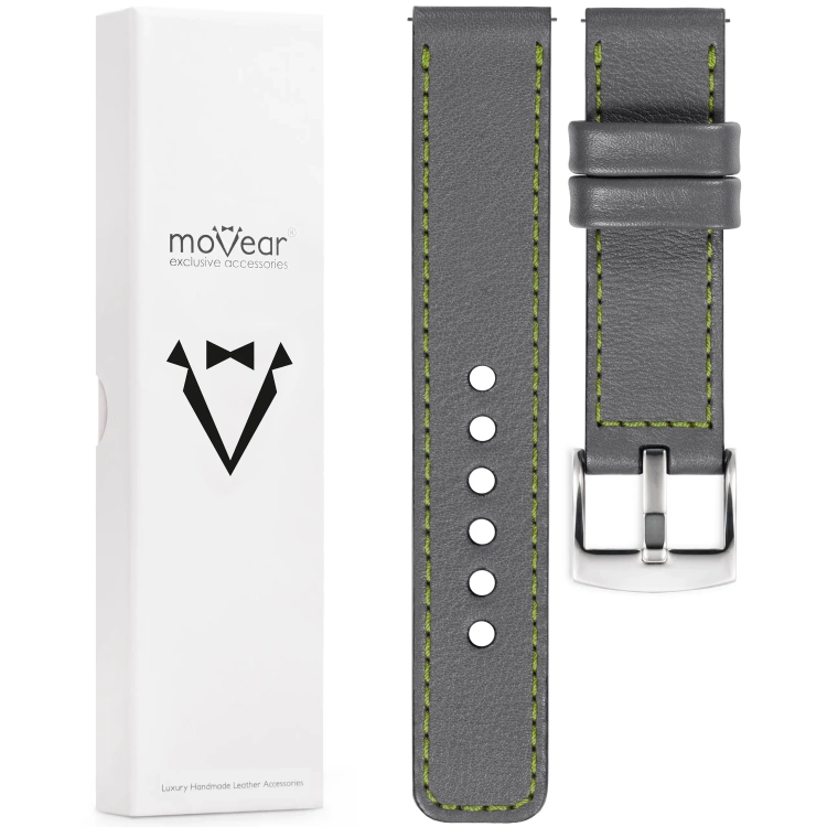moVear Prestige C1 Skórzany pasek 18mm do zegarka | Szary, limonkowe przeszycie [rozmiary XS-XXL i klamra do wyboru]