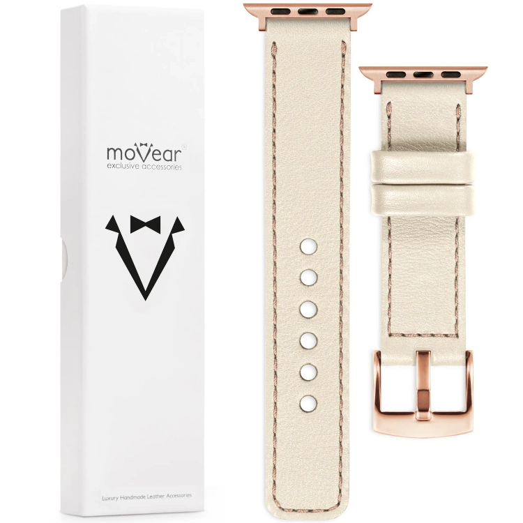 moVear Prestige C1 Skórzany pasek 20mm do Apple Watch 10 / 9 / 8 / 7 / 6 / 5 / 4 / SE (42/41/40mm) | Beżowy, różowe złoto przeszycie [rozmiary XS-XXL i klamra do wyboru]