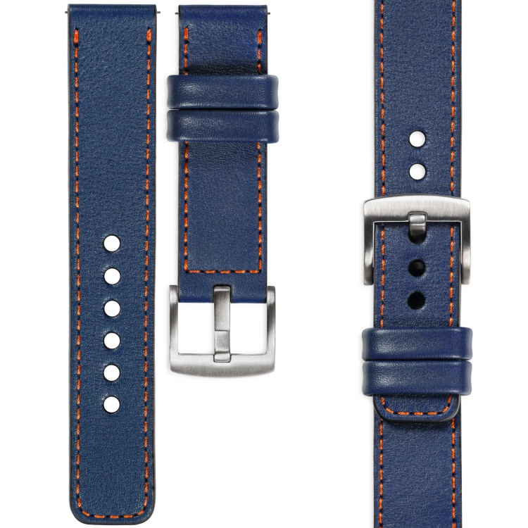 moVear Prestige C1 Skórzany pasek 22mm do zegarka | Granatowy, ciemnopomarańczowe przeszycie [rozmiary XS-XXL i klamra do wyboru]