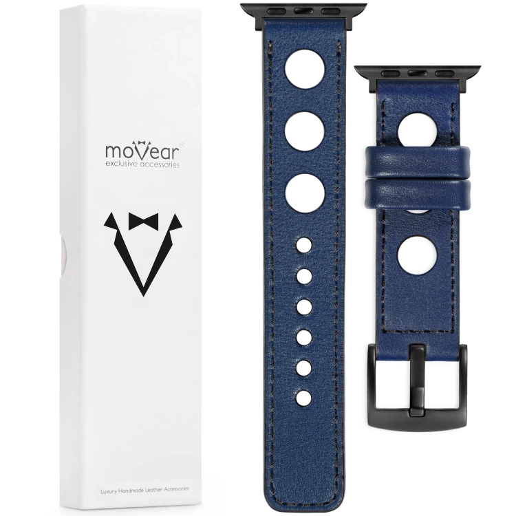 moVear Prestige R1 Skórzany pasek 22mm do Apple Watch 10 / 9 / 8 / 7 / 6 / 5 / 4 / SE (42/41/40mm) | Granatowy, czarne przeszycie [rozmiary XS-XXL i klamra do wyboru]