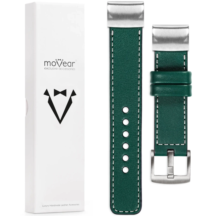 moVear Prestige C1 Skórzany pasek do Garmin QuickFit 26mm (Fenix / Epix / Quatix / Tactix / Enduro - 51mm) | Zielony butelkowy, białe przeszycie [rozmiary XS-XXL i klamra do wyboru]
