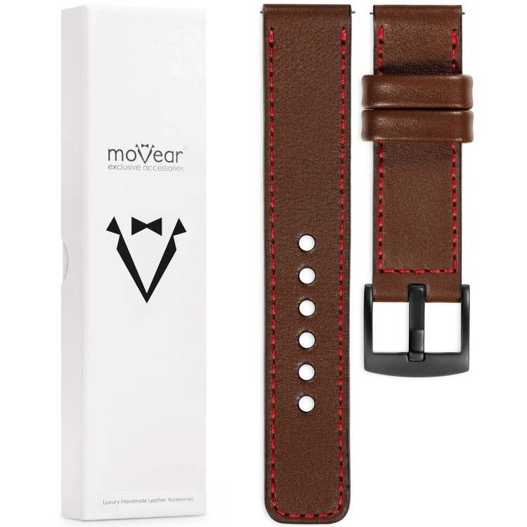 moVear Prestige C1 Skórzany pasek 22mm do zegarka | Ciemnobrązowy, czerwone przeszycie [rozmiary XS-XXL i klamra do wyboru]