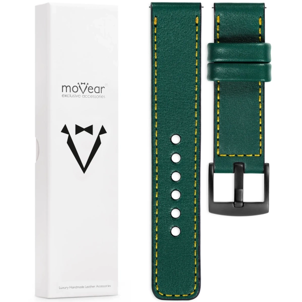 moVear Prestige C1 Skórzany pasek 24mm do zegarka | Zielony butelkowy, żółte przeszycie [rozmiary XS-XXL i klamra do wyboru]
