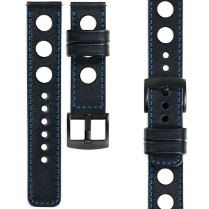 moVear Prestige R1 Skórzany pasek 20mm do zegarka | Czarny, niebieskie przeszycie [rozmiary XS-XXL i klamra do wyboru]