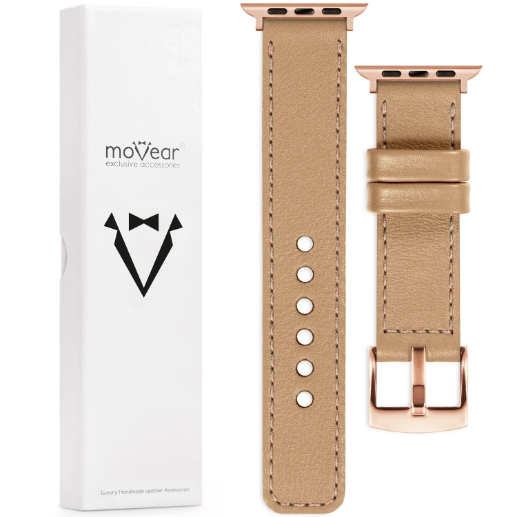 moVear Prestige C1 Skórzany pasek 20mm do Apple Watch 10 / 9 / 8 / 7 / 6 / 5 / 4 / SE (46/45/44mm) & Ultra (49mm) | Cappuccino, różowe złoto przeszycie [rozmiary XS-XXL i klamra do wyboru]